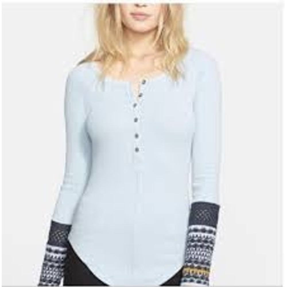 Free People Womens Henley Top XS Blue Thermal Waffle Knit Fair Isle Cuff